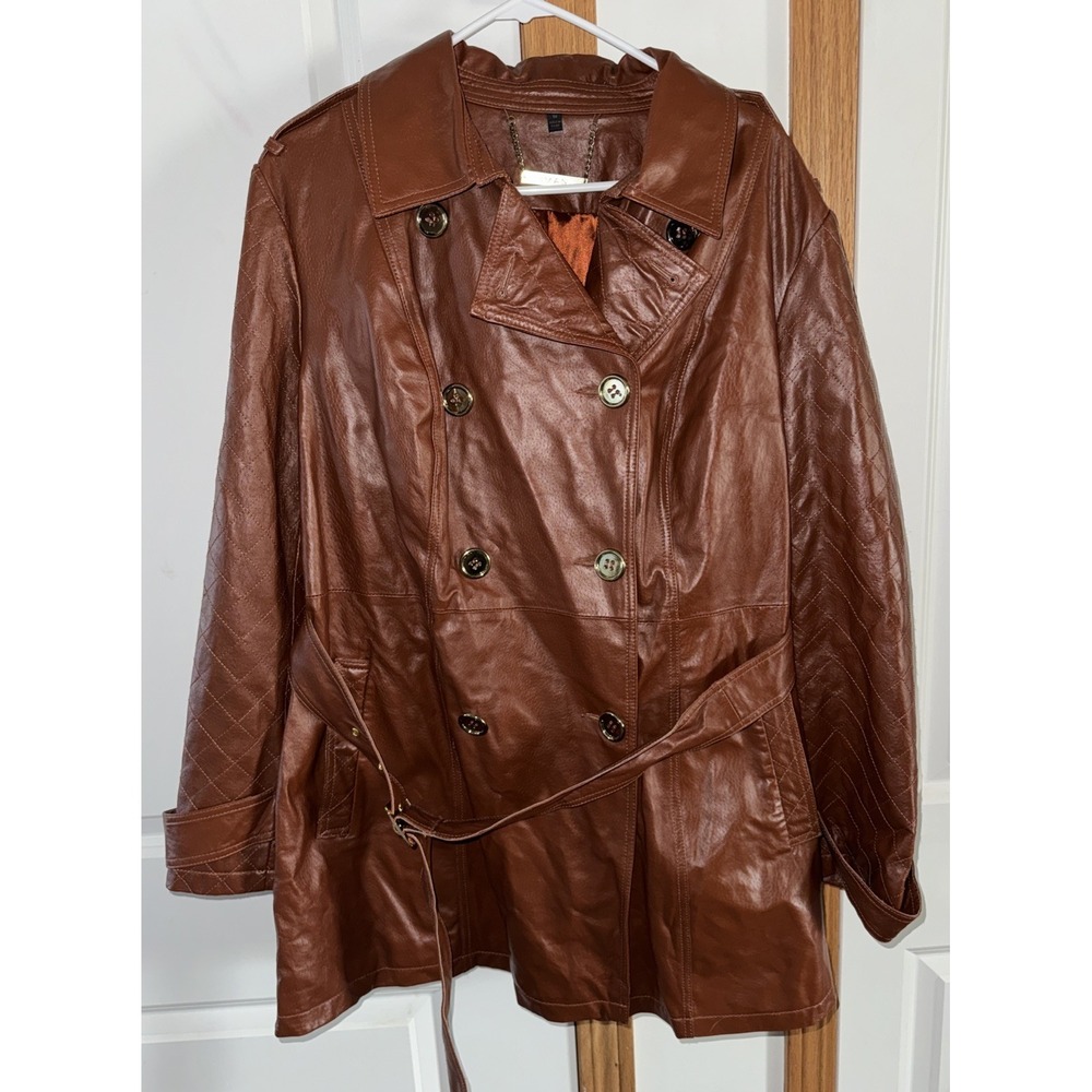 IMAN Trench Jacket XL Platinum Collection Genuine Leather Belted Cognac w/gloves